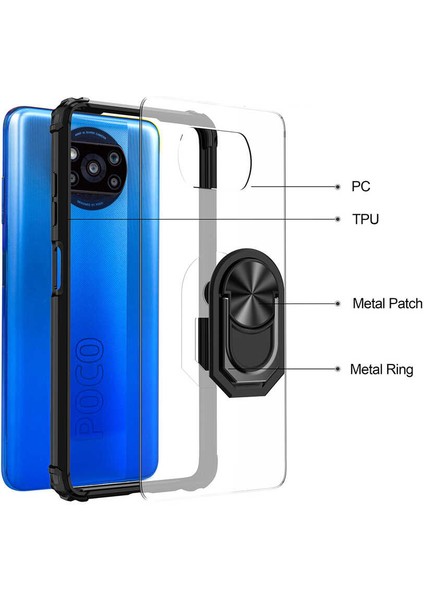 Xiaomi Poco X3 Pro Uyumlu Kılıf Standlı Yüzüklü Şeffaf Metal Ring Ultra Protective Case