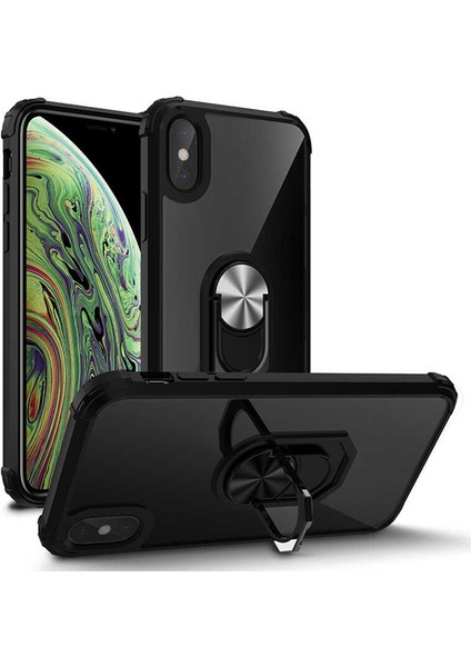 Apple iPhone x Uyumlu Kılıf Standlı Yüzüklü Şeffaf Metal Ring Ultra Protective Case