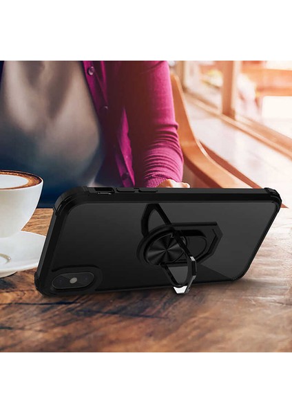 Apple iPhone x Uyumlu Kılıf Standlı Yüzüklü Şeffaf Metal Ring Ultra Protective Case