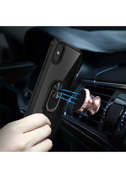 Apple iPhone x Uyumlu Kılıf Standlı Yüzüklü Şeffaf Metal Ring Ultra Protective Case