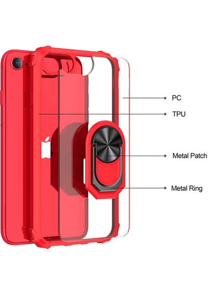 Apple iPhone 7 Uyumlu Kılıf Standlı Yüzüklü Şeffaf Metal Ring Ultra Protective Case