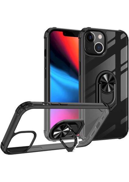 Apple iPhone 13 Uyumlu Kılıf Standlı Yüzüklü Şeffaf Metal Ring Ultra Protective Case