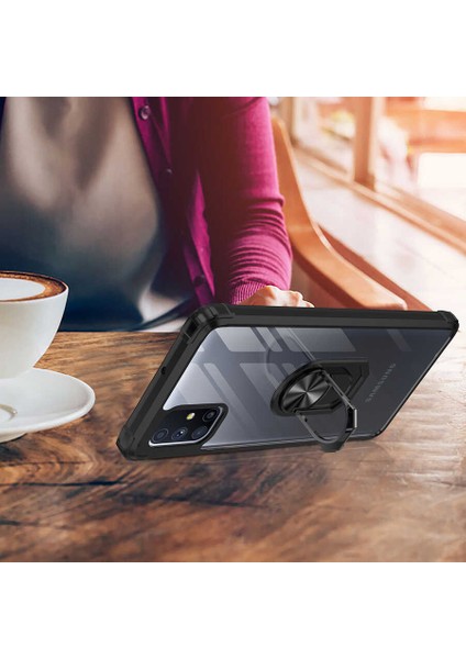 Samsung Galaxy M51 Uyumlu Kılıf Standlı Yüzüklü Şeffaf Metal Ring Ultra Protective Case
