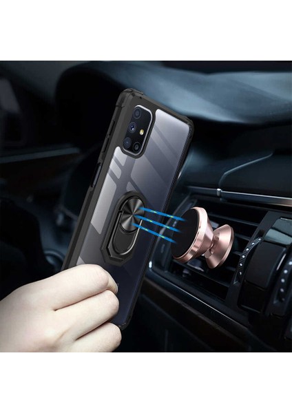 Samsung Galaxy M51 Uyumlu Kılıf Standlı Yüzüklü Şeffaf Metal Ring Ultra Protective Case