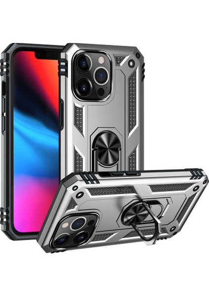 Apple iPhone 13 Pro Max Uyumlu Kılıf Stand Yüzüklü Kapak Military Metal Solid Ring Case