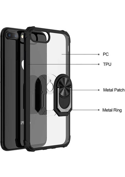 Apple iPhone 7-8 Plus Uyumlu Kılıf Standlı Yüzüklü Şeffaf Metal Ring Ultra Protective Case