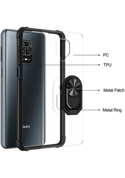 Xiaomi Redmi Note 9s Uyumlu Kılıf Standlı Yüzüklü Şeffaf Metal Ring Ultra Protective Case