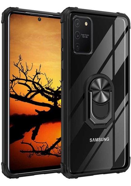 Samsung Galaxy A91 (S10 Lite) Uyumlu Kılıf Standlı Yüzüklü Şeffaf Metal Ring Ultra Protective Case