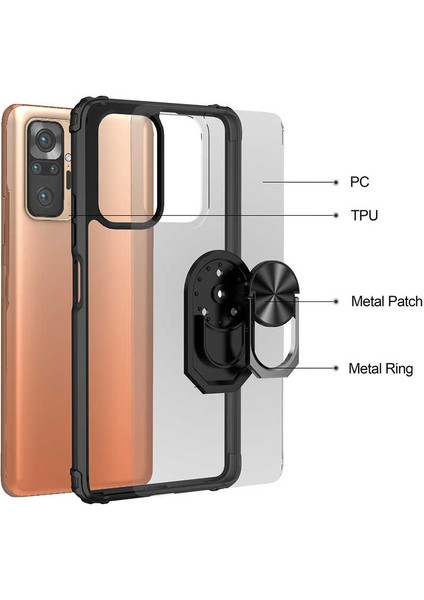 Xiaomi Redmi Note 10 Pro Uyumlu Kılıf Standlı Yüzüklü Şeffaf Metal Ring Ultra Protective Case