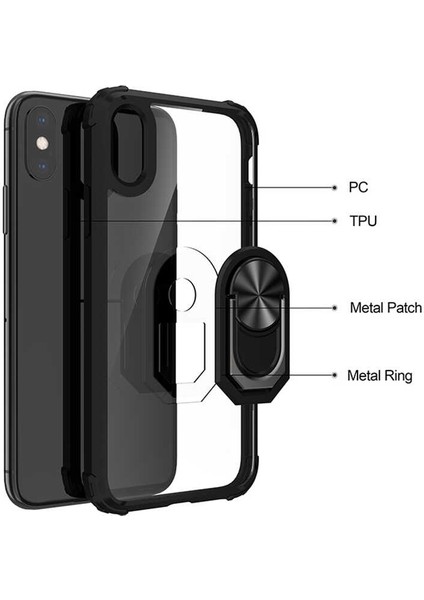 Apple iPhone X-Xs Uyumlu Kılıf Standlı Yüzüklü Şeffaf Metal Ring Ultra Protective Case