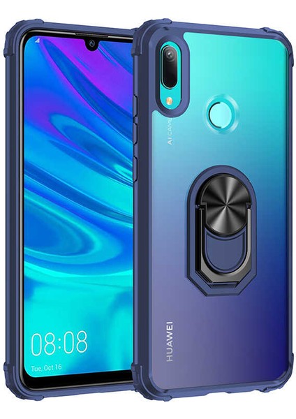 Huawei Y6 2019 Uyumlu Kılıf Standlı Yüzüklü Şeffaf Metal Ring Ultra Protective Case