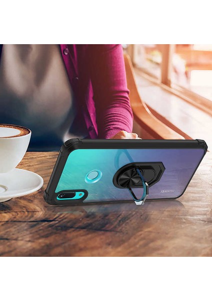 Huawei Y6 2019 Uyumlu Kılıf Standlı Yüzüklü Şeffaf Metal Ring Ultra Protective Case