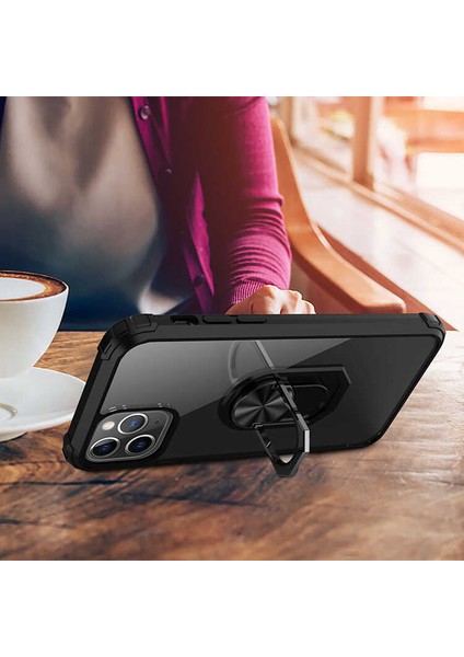 Apple iPhone 11 Pro Max Uyumlu Kılıf Standlı Yüzüklü Şeffaf Metal Ring Ultra Protective Case