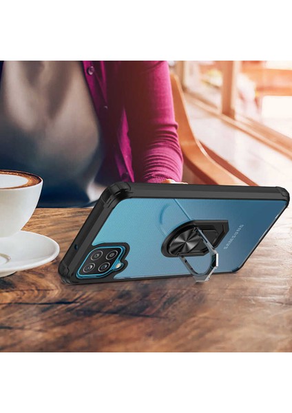 Samsung Galaxy A12 Uyumlu Kılıf Standlı Yüzüklü Şeffaf Metal Ring Ultra Protective Case