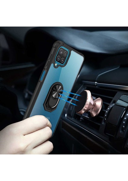 Samsung Galaxy A12 Uyumlu Kılıf Standlı Yüzüklü Şeffaf Metal Ring Ultra Protective Case