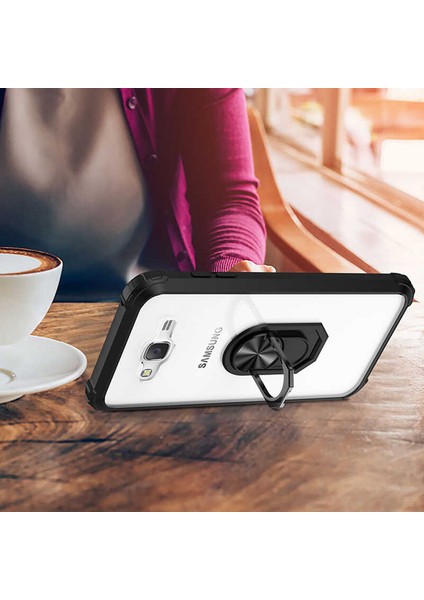 Samsung Galaxy J7 Uyumlu Kılıf Standlı Yüzüklü Şeffaf Metal Ring Ultra Protective Case