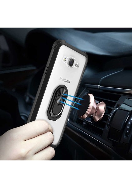 Samsung Galaxy J7 Uyumlu Kılıf Standlı Yüzüklü Şeffaf Metal Ring Ultra Protective Case