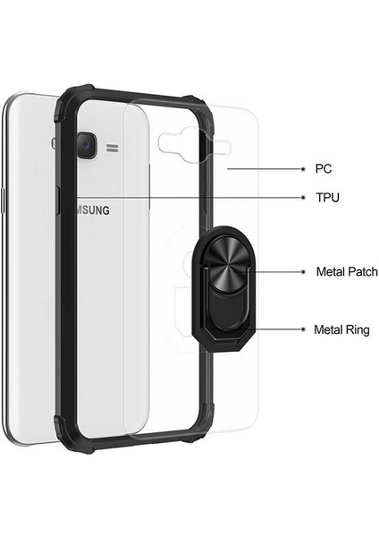 Samsung Galaxy J7 Uyumlu Kılıf Standlı Yüzüklü Şeffaf Metal Ring Ultra Protective Case