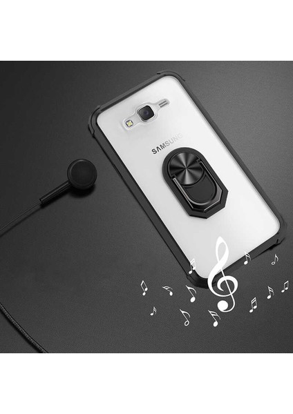 Samsung Galaxy J7 Uyumlu Kılıf Standlı Yüzüklü Şeffaf Metal Ring Ultra Protective Case