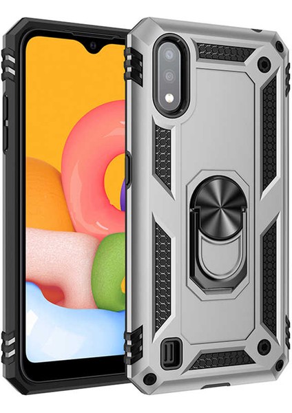 Samsung Galaxy A01 Uyumlu Kılıf Stand Yüzüklü Kapak Military Metal Solid Ring Case