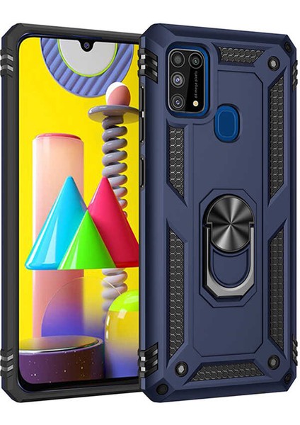 Samsung Galaxy M31 Uyumlu Kılıf Stand Yüzüklü Kapak Military Metal Solid Ring Case