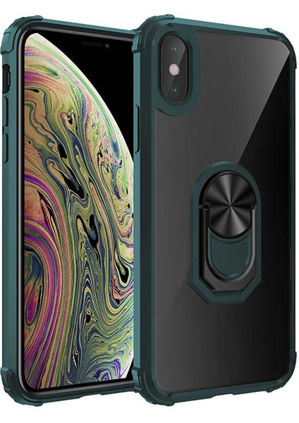 Apple iPhone x Uyumlu Kılıf Standlı Yüzüklü Şeffaf Metal Ring Ultra Protective Case