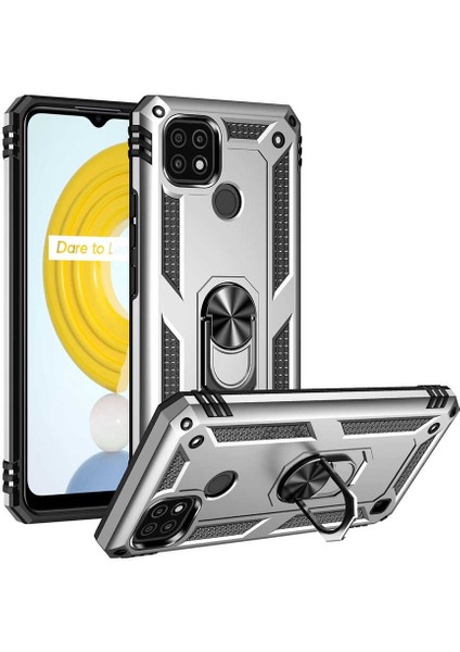 Realme C21 Uyumlu Kılıf Stand Yüzüklü Kapak Military Metal Solid Ring Case