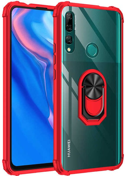 Huawei Y9 Prime 2019 Uyumlu Kılıf Standlı Yüzüklü Şeffaf Metal Ring Ultra Protective Case