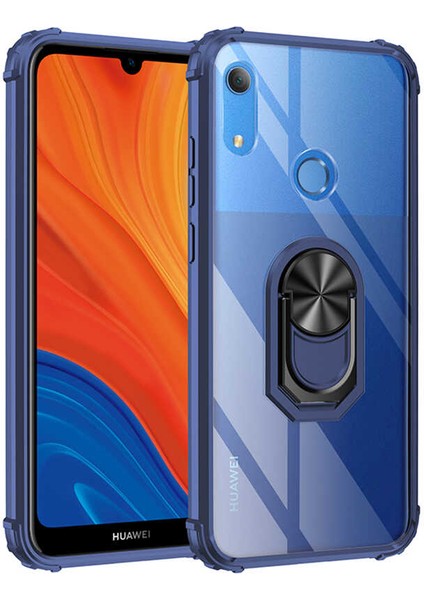 Huawei Y6S 2019 Uyumlu Kılıf Standlı Yüzüklü Şeffaf Metal Ring Ultra Protective Case