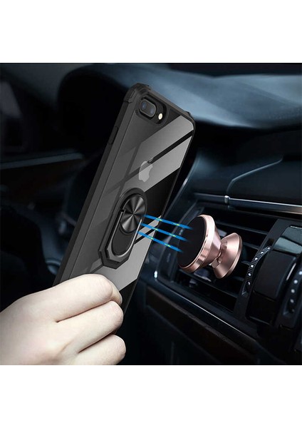 Apple iPhone 7 Plus Uyumlu Kılıf Standlı Yüzüklü Şeffaf Metal Ring Ultra Protective Case