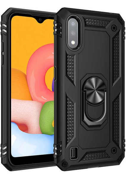 Samsung Galaxy A01 Uyumlu Kılıf Stand Yüzüklü Kapak Military Metal Solid Ring Case