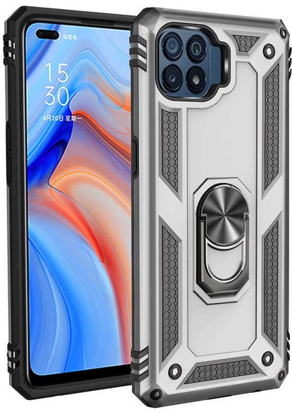Oppo Reno 4 Lite Uyumlu Kılıf Stand Yüzüklü Kapak Military Metal Solid Ring Case