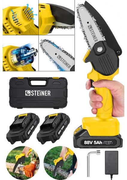 Alman Pro 88 V 5 Ah ( Çift Akülü ) Dal Budama Kesme Testere Bıçkı Makinesi Çantalı 10 cm Pala