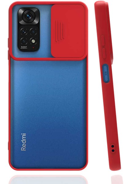 Xiaomi Redmi Note 11S Global Kapak Lensi Açılır Kapanır Kamera Korumalı Silikon Kılıf - Kırmızı
