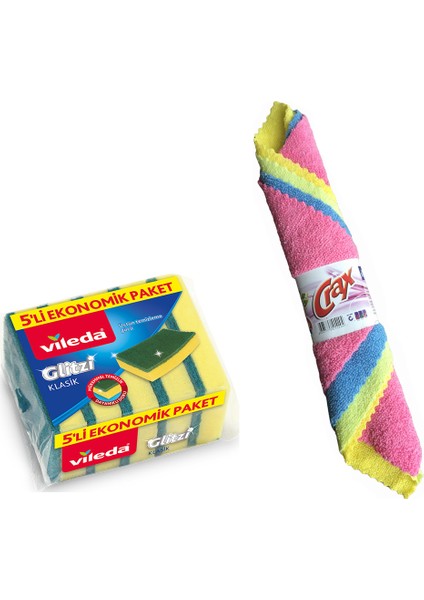 Vileda Glitzi Klasik 5'li Bulaşık Temizlik Süngeri 30 cm 4'lü Mikrofiber Bez Seti