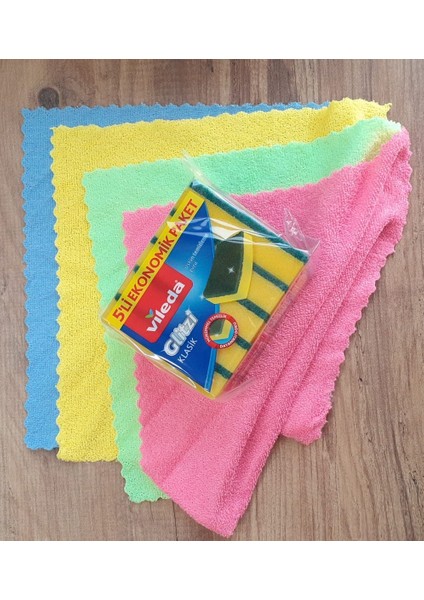 Vileda Glitzi Klasik 5'li Bulaşık Temizlik Süngeri 30 cm 4'lü Mikrofiber Bez Seti