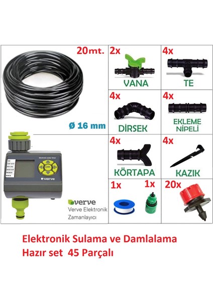 Verve Elektronik Bahçe Sulama Sistemi 20 Metre Damlalama Sulama Sistemi ve Ekleme Parçalı Set