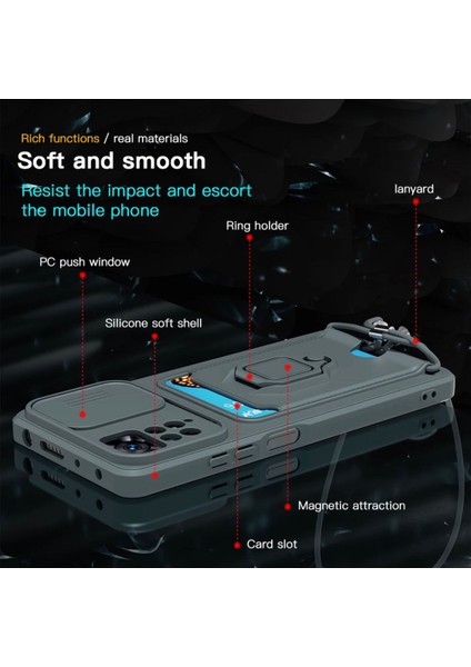 Xiaomi Redmi Note 11S Uyumlu Kılıf Kartvizitli Kamera Lens Sürgülü Korumalı Military Silikon Askılır