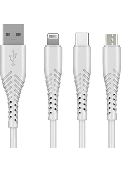 3in1 Lightning Type C Micro USB Şarj ve Data Kablosu Kaymaz Materyal 120 cm - AL2891 Beyaz