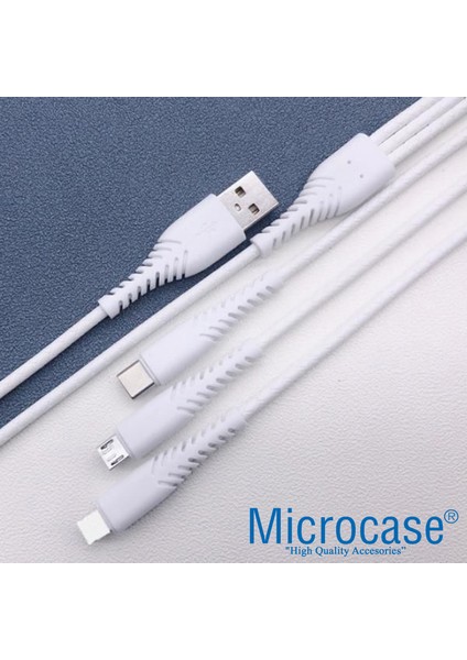 3in1 Lightning Type C Micro USB Şarj ve Data Kablosu Kaymaz Materyal 120 cm - AL2891 Beyaz