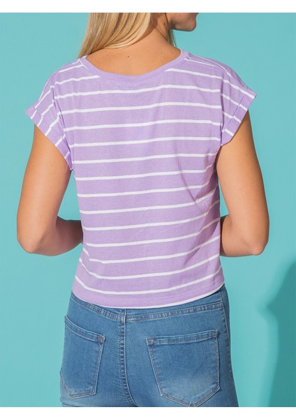 Lila Çizgili Crop Tişört