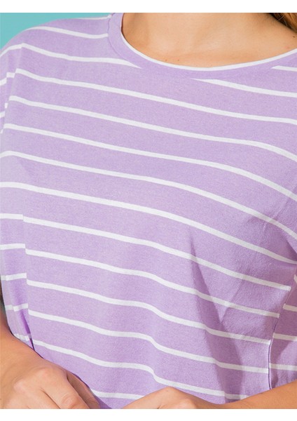 Lila Çizgili Crop Tişört fırsatları