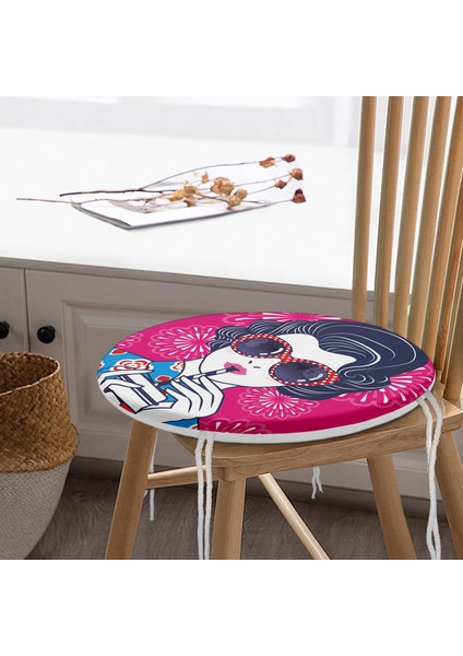 Pembe Zeminde Gözlüklü Fashion Girl Modern Yuvarlak Fermuarlı Sandalye Minderi fiyatları