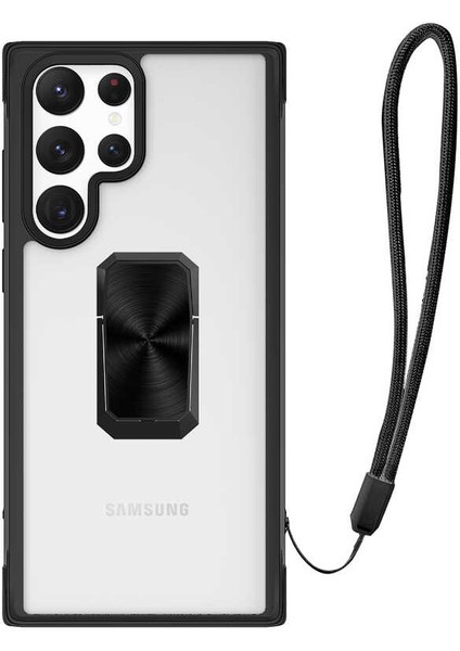 Samsung Galaxy S22 Ultra Uyumlu Kılıf Kapak Ipli Askılı, Metal Stand Yüzüklü Luxury Series Case