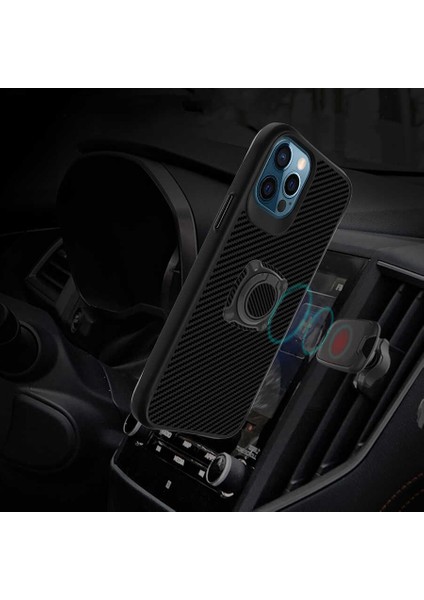 Apple iPhone 12 Pro Max Uyumlu Kılıf Kapak Göz Alıcı Karbon Fiber Koleksiyonu Stand Yüzüklü Case