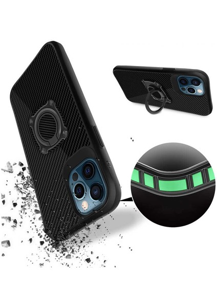 Apple iPhone 12 Pro Max Uyumlu Kılıf Kapak Göz Alıcı Karbon Fiber Koleksiyonu Stand Yüzüklü Case