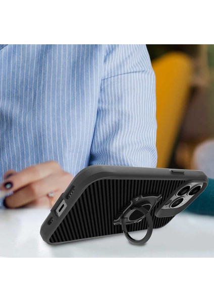 Apple iPhone 13 Pro Max Uyumlu Kılıf Kapak Göz Alıcı Karbon Fiber Koleksiyonu Stand Yüzüklü Case