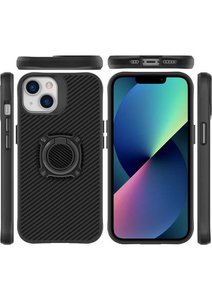 Apple iPhone 13 Uyumlu Kılıf Kapak Göz Alıcı Karbon Fiber Koleksiyonu Stand Yüzüklü Case