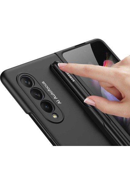 Samsung Galaxy Z Fold 3 Uyumlu Kılıf 180 Derece Açılır-Kapanır Kapak Sürgülü S Pen Kalem Yuva Bölmeli