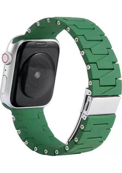 Apple Watch 6 ile Uyumlu Metal Görünümlü Çapraz Silikon Kayış 42-44MM Dalliance Kordon Koyu Yeşil